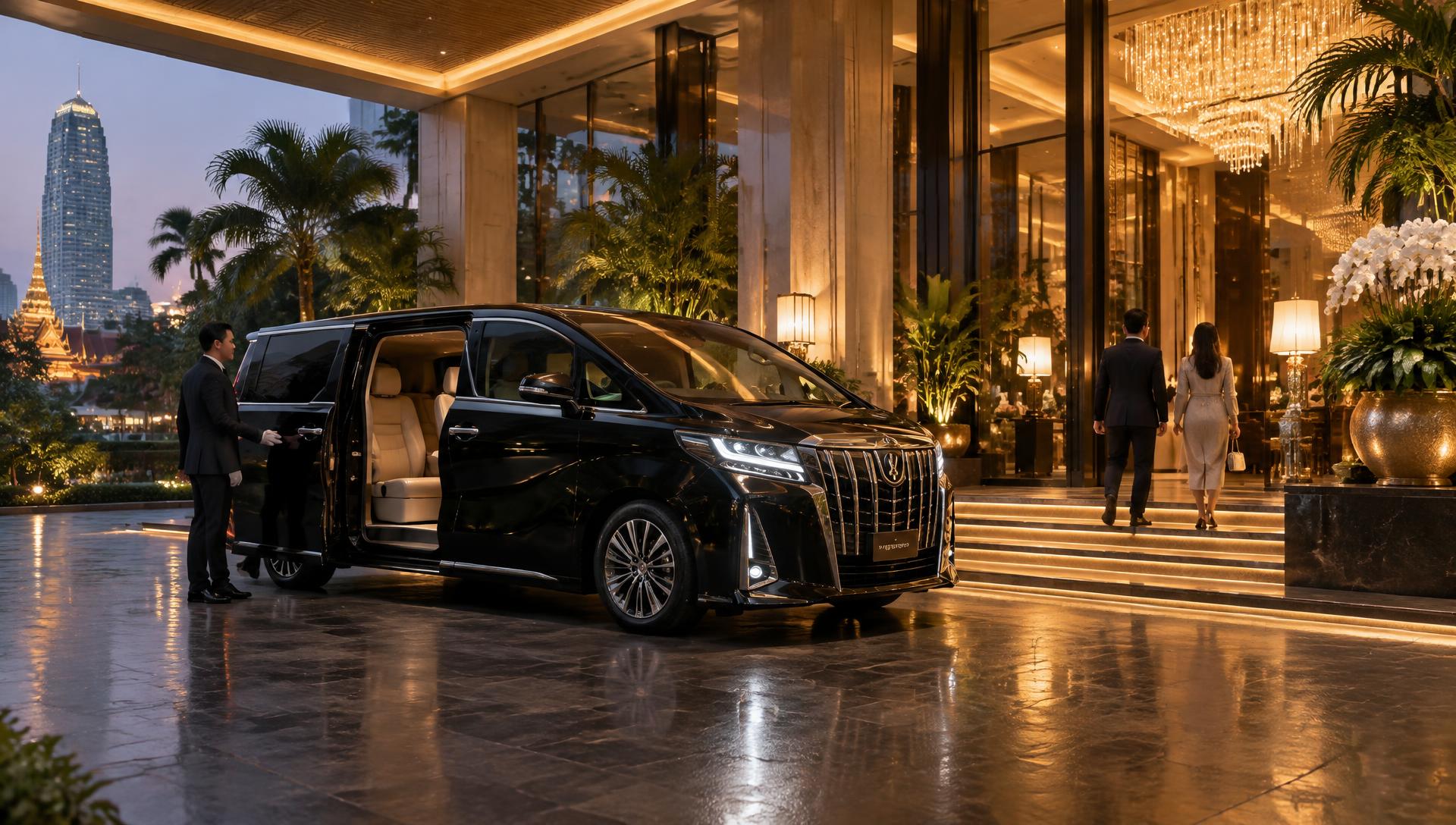 A chauffeur holding open the door of a black luxury van at a Bangkok hotel entrance in the evening